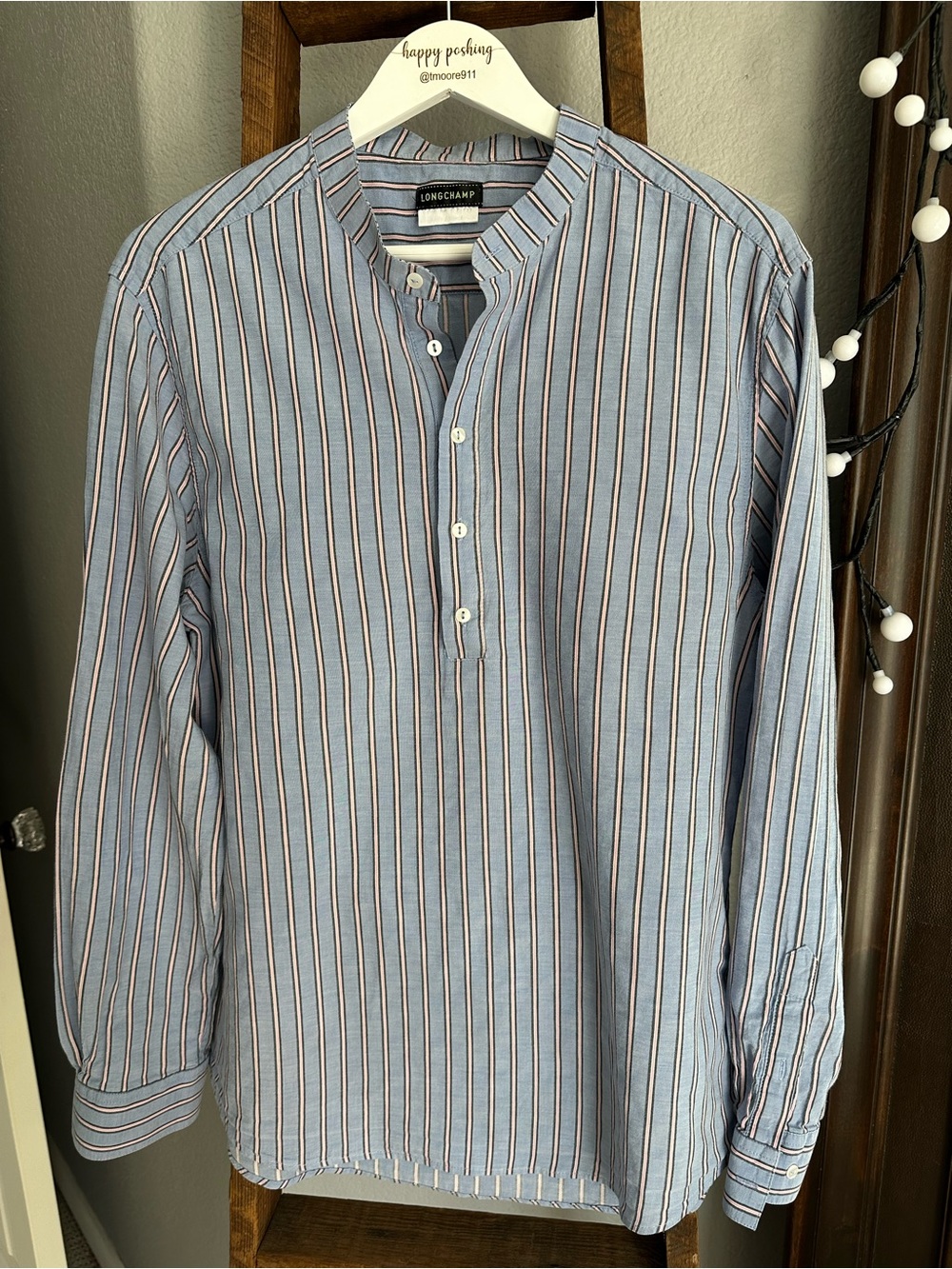 Longchamp Blue Striped Band-Collar Women's Blouse, size large